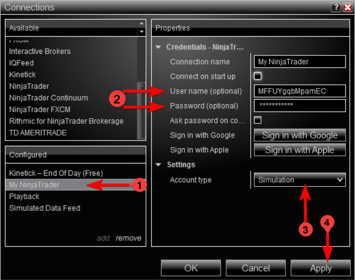 NinjaTrader Desktop login screen