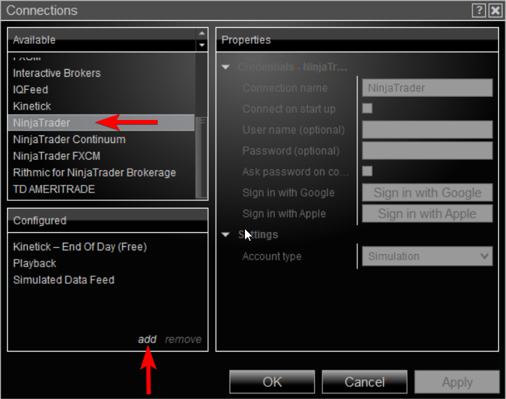 NinjaTrader main screen with Connections menu highlighted